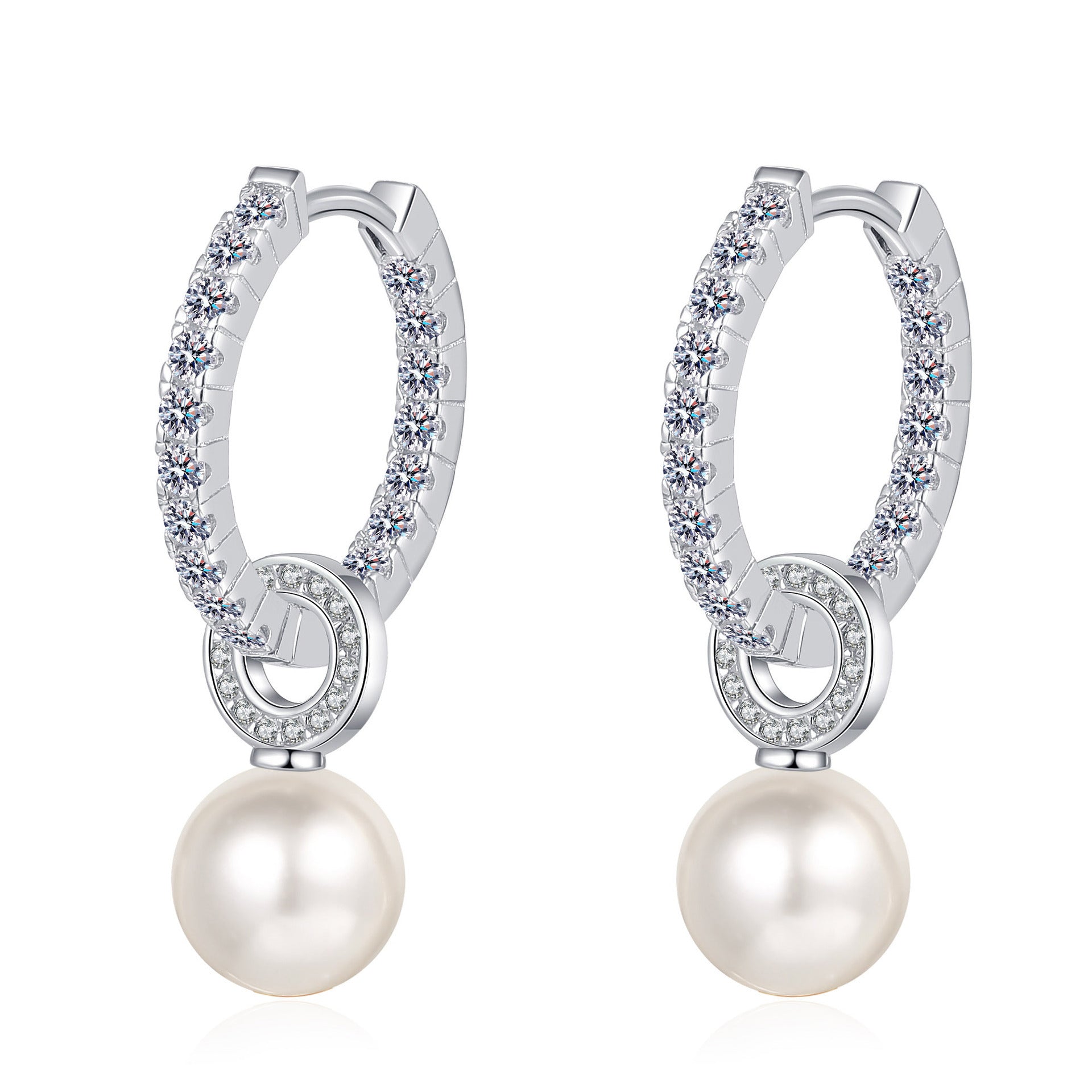 Silver hoop earrings with pearl drops on a white background