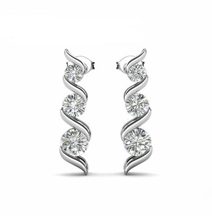 Pair of silver earrings with diamond-like stones on a white background